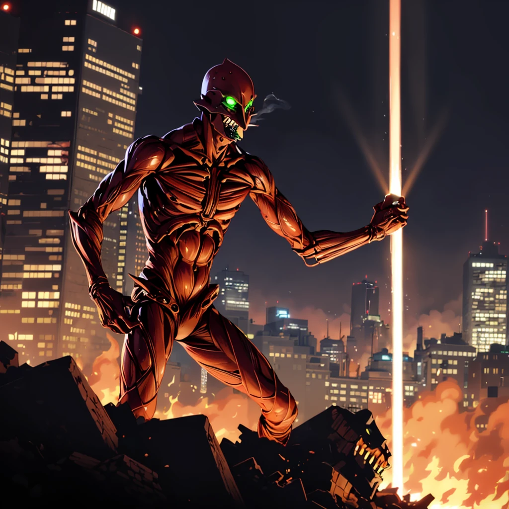 <lora:Giant_WarriorC001:0.7>,
Giant_WarriorC,
giant,weapon,glowing,fire,building,no humans,multiple others,open mouth,(laser is coming out of the mouth:1.3),glowing eyes,green eyes,standing,city,holding,destruction,parody,holding weapon,science fiction,night,sky,crossover,burning,lightsaber,looking at viewer,bodysuit,outdoors,skyscraper,red theme,size difference,cityscape,smoke,lava,