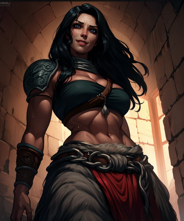 Nepheli,black hair,long hair, brown eyes, 
midriff,bracer,red pelvic curtain,cleavage,smile,single pauldron,
from below,sweat,
dark dungeon,torchlight,
(insanely detailed, beautiful detailed face, masterpiece, detailed eyes, best quality),<lora:Nepheli:0.8>,