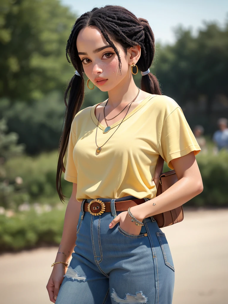 Realistic photo of a beautiful z03k woman,1girl,solo,long hair,looking at viewer,shirt,black hair,twintails,brown eyes,jewelry,short sleeves,cowboy shot,earrings,belt,pants,necklace,mole,blurry,lips,blurry background,denim,mole under mouth,hand in pocket,yellow shirt,jeans,realistic,soft lighting, professional Photography, Photorealistic, detailed, RAW, analog, sharp focus, 8k, HD, high quality, masterpiece<lora:z03k:1.0>