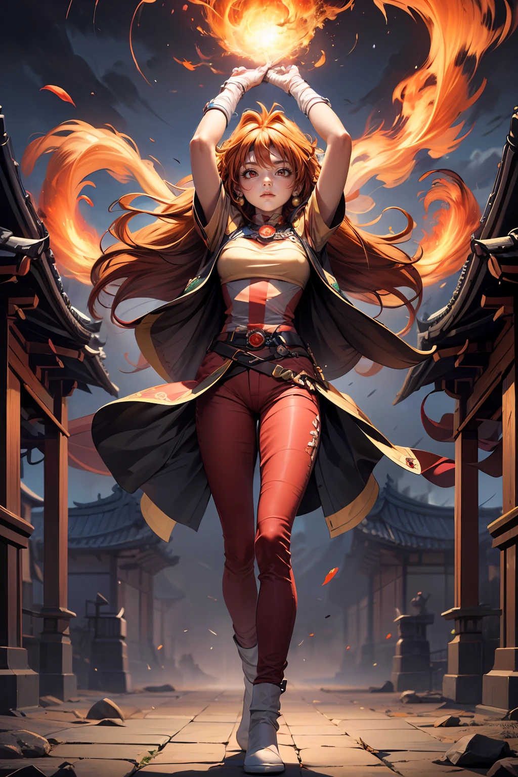 (masterpiece, best quality), 1girl, slayer_lina, orange hair, long hair, red eyes, wearing gloves, pants, <lora:slayer_lina-10:1>, full body, looking away, arms up, casting spell, fire and thunder, east asian architecture background, intricate details, dynamic colors, <lora:add_detail:0.7>