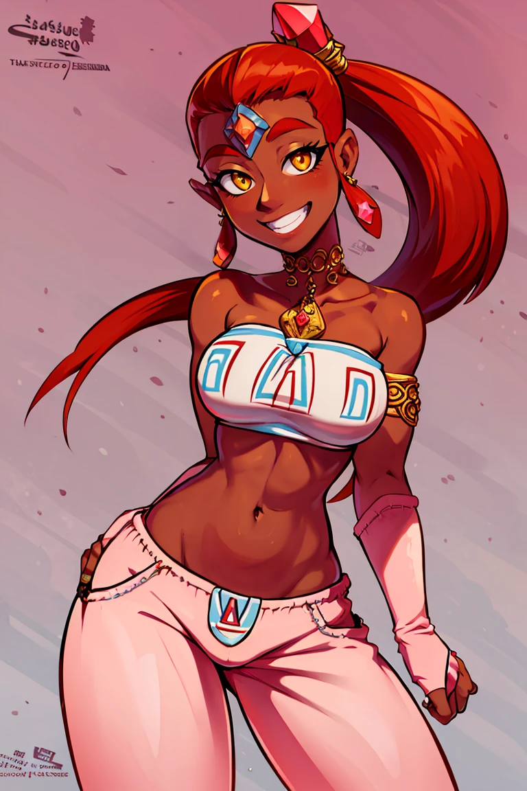 <lora:the_other_half_style:0.8>,((masterpiece,best quality)), absurdres, <lora:Nabooru_Zelda_Anime:0.8>, Nabooru_Zelda, pink pants, dark skin, long pony tail solo, smiling, looking at viewer, cowboy shot,