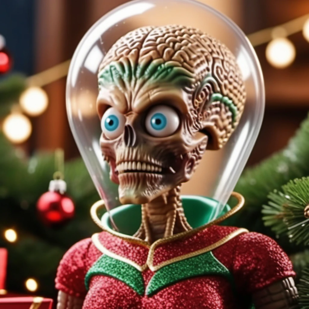MarsAttack1024, an alien, ++((full body)), christmas scenery, garlands, gifts, christmas tree, features intricate detail, detailed eyes, highly detailed, photography, ultra sharp, film, bokeh, professional, 4k    <lora:MarsAttack1024:0.6> <lora:add-detail-xl:2>