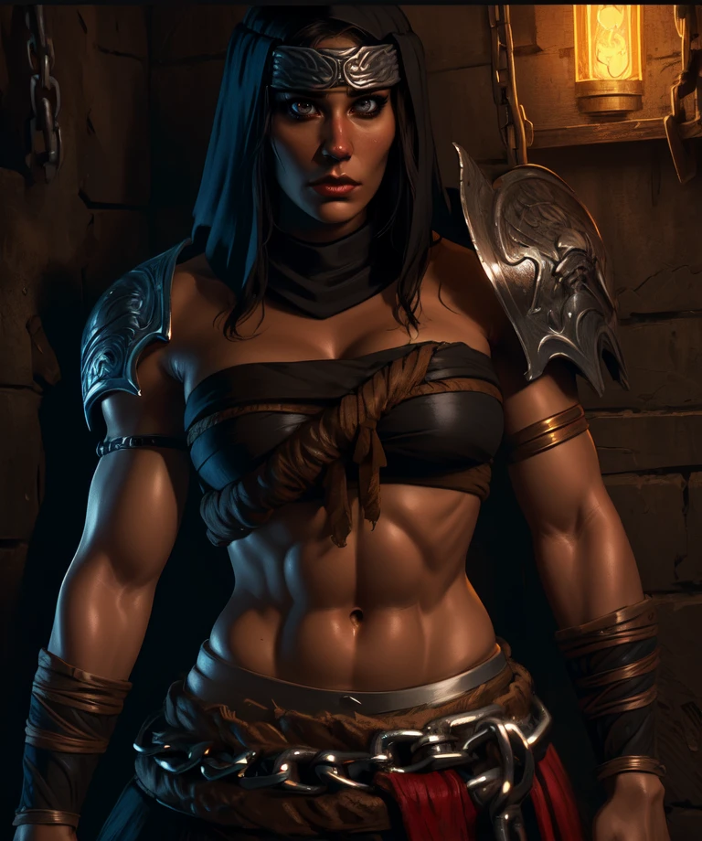 Nepheli,black cowl,metal headband,close up,upper body,brown eyes,dark make up,
shoulder armor,strapless,midriff,bracer,chain,red pelvic curtain,serious,
dark dungeon,torchlight,
(insanely detailed, beautiful detailed face, masterpiece, detailed eyes, best quality),<lora:Nepheli:0.6>,