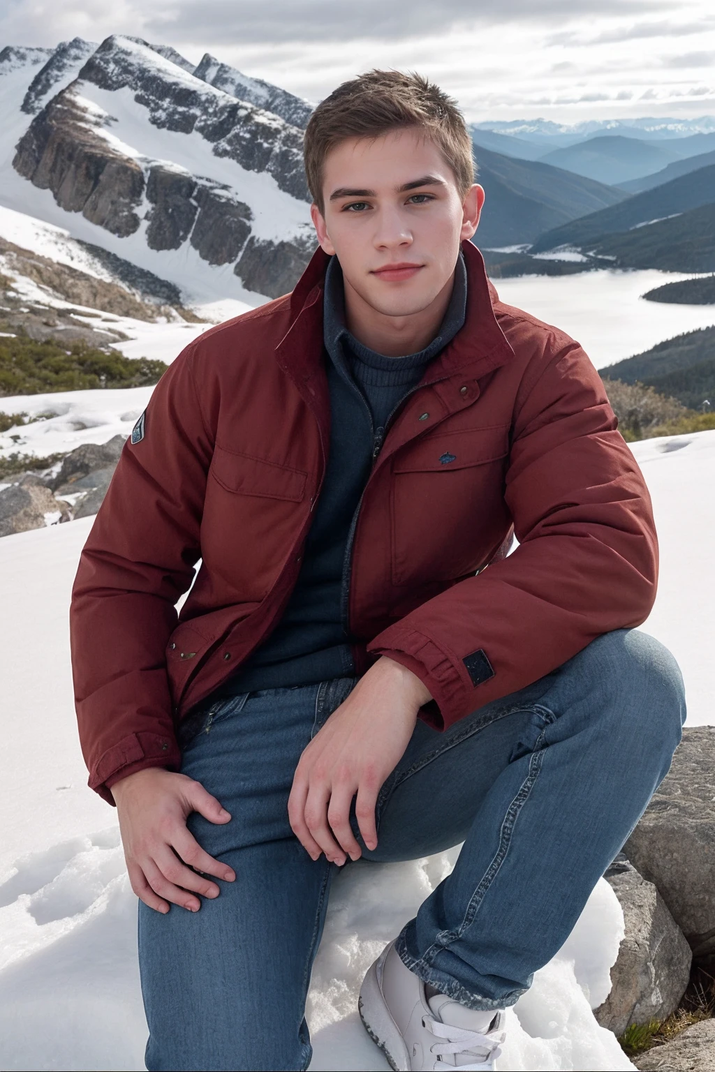 cute (male) sc_jamie <lora:sc_jamie-v1:0.85> (seductive smirk:0.5), homoerotic, photo by Rick Day, shot by Bruce Weber, wearing a Patagonia winter jacket and jeans and sneakers, wistful, sitting outdoors on a mountain outcrop, snowy background, mountains in the background, Porta 160 color, shot on ARRI ALEXA 65