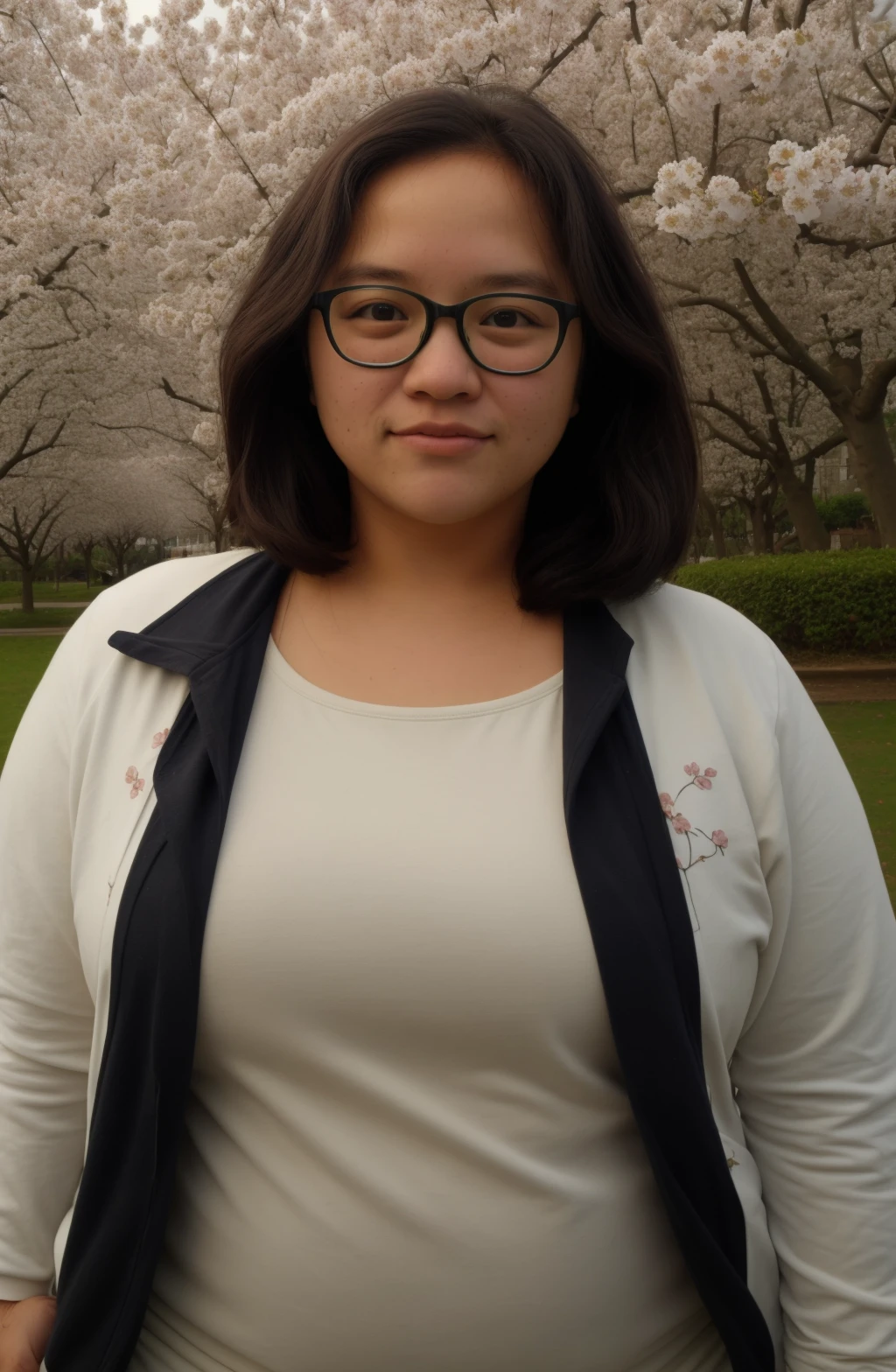 Janine \(Person\), @Janineaam masterpiece, 1girl, plump, chubby, black eyes, glasses, nose, black hair, closed mouth, eyeliner, closed mouth, looking at viewer, tracksuit , background: Beautiful cherry blossom grove <lora:Janineaam:1>