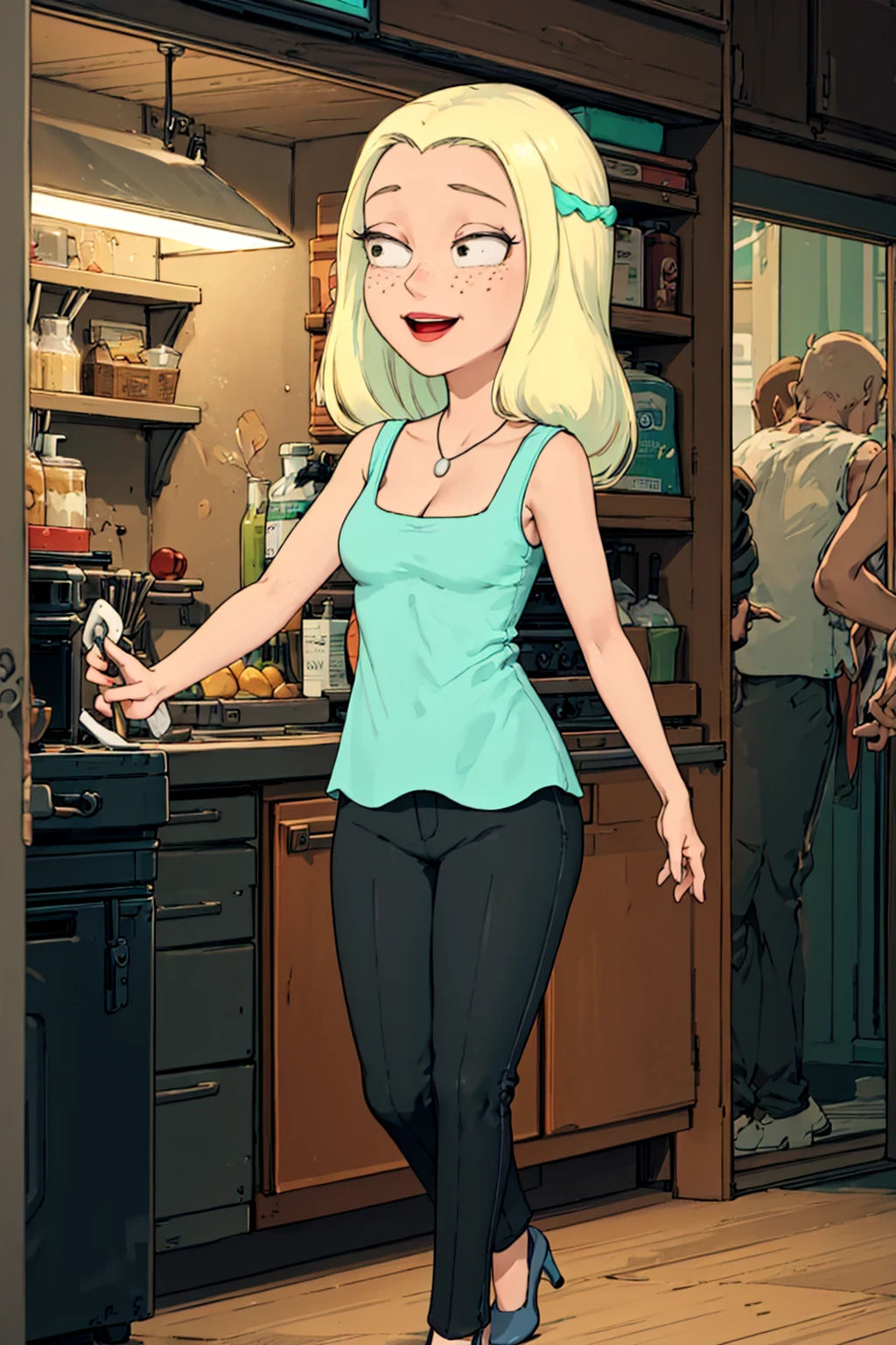diane, 1girl, blonde hair, solo, freckles, long hair, necklace, cleavage, aqua shirt, smile,sleeveless, pants, high heels, <lora:Diane(Rick&Morty)2.0-000008:0.65>