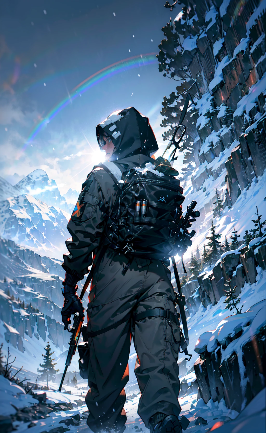 realistic photograph of Norman Reedus hiking through the mountains, Death Stranding, close-up, hood up, bulky jumpsuit, backpack, rainbow, snow, snowy, snowing, windy, river, blizzard, from below, from behind, dramatic angle