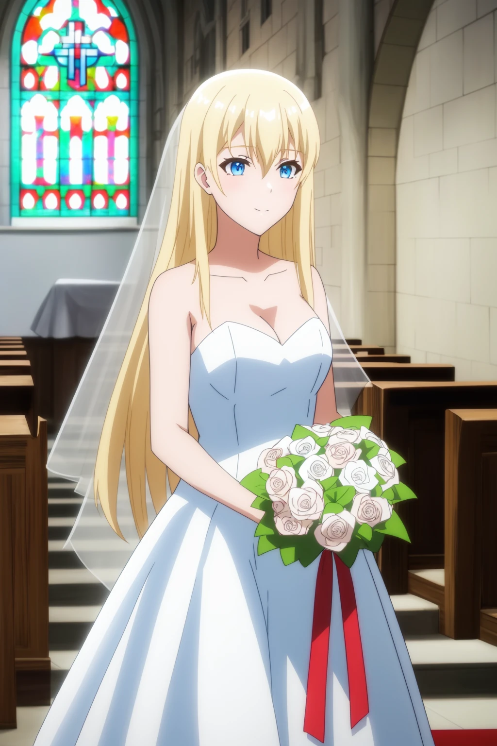 roxy, 1girl,solo,long_hair,looking_at_viewer,bangs,blue_eyes,blonde_hair,hair_between_eyes,wedding,wedding_dress,church,holding_flowers