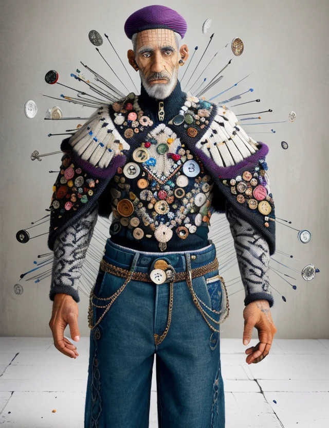 hyper detailed masterpiece, dynamic, awesome quality,DonMN33dl3P1ll0w male retirement age lanky, maori, honey eyes, protruding jaw, square face shape, unconventional piercings, , purple french crop hair, affection wearing dress pants, quarter-zip pullover, derby shoes, military beret, , hands on hips, displaying impatience, slim upper body clothing, off-the-shoulder neckline, carbon-fiber textile, curved lines, batwing sleeves, floor-length, drop waist, zipper fly,,slit details,,cross-back,,appliqué work,,muted wash,,back pockets, draped lower body clothing, plasma-lace lace, banded, regular fit, drop waist, coin pockets,,waist chain,,rhinestones,,adjustable waist <lora:DonMN33dl3P1ll0w-000008:1>