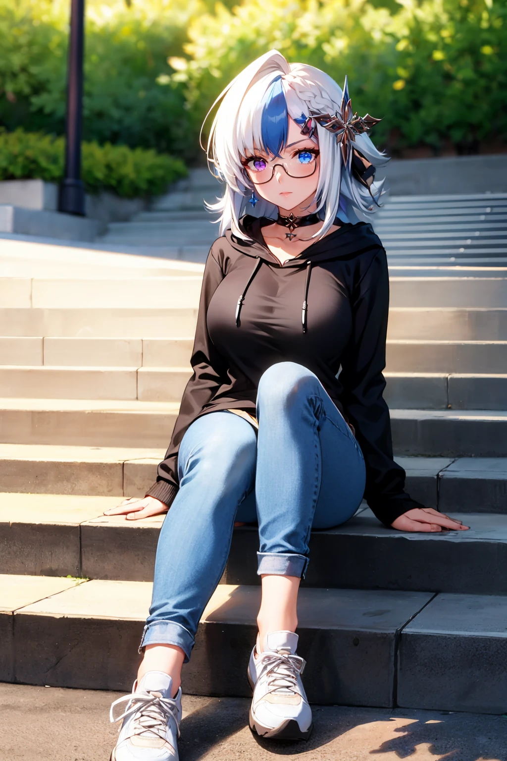 masterpiece, best quality, <lora:plotti-nvwls-v1-000010:0.9> plotti, heterochromia, multicolored hair, hair ornament, glasses, black hoodie, large breasts, jeans, looking at viewer, stairs, sitting, sneakers