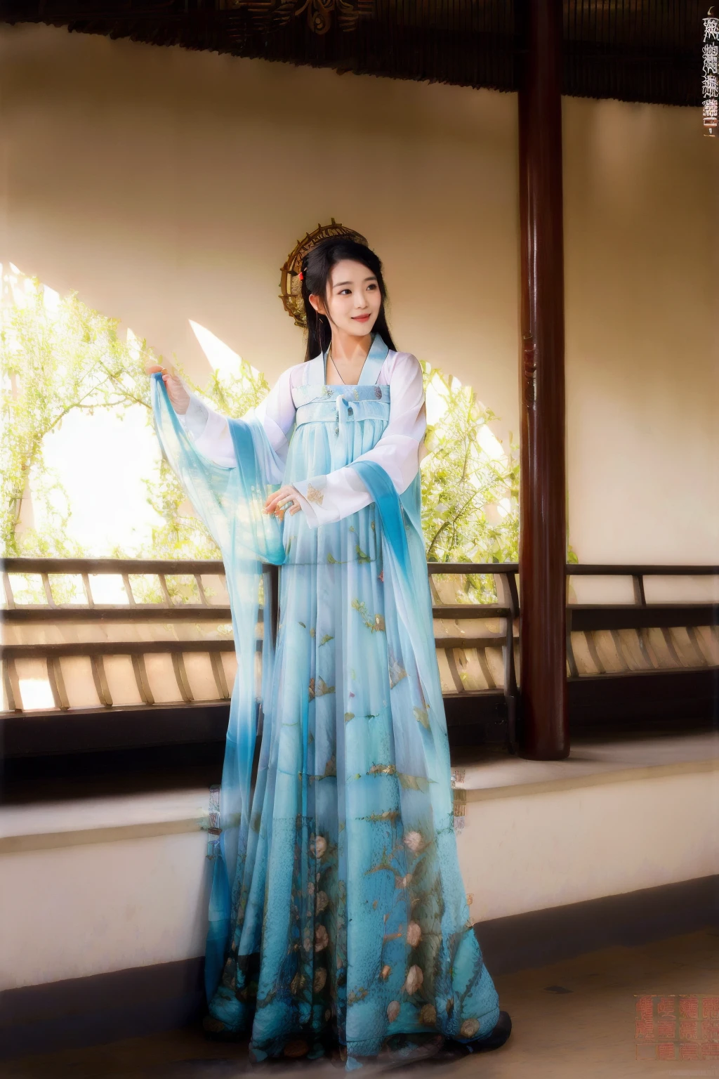 (1 girl:1.3), (best quality, masterpiece, ultra high resolution),(photorealistic:1.3), (realistic:1.3), depth of field, (day:1.2), (cinematic lighting:1.2),  hanfu, chinese dress,  <lora:HanfuLightBlueQixiong:0.8>