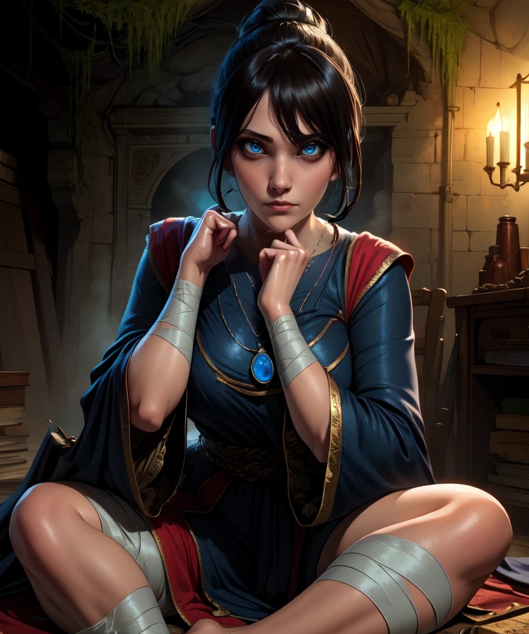 Sellen,bangs,black ponytail,pondering,
necklace,robe,long sleeves,bandages,wide sleeves,
sitting,
cobwebs,potions,underground,
(insanely detailed, beautiful detailed face, masterpiece, detailed eyes, best quality),<lora:Sellen-10EDRv8:0.8>,