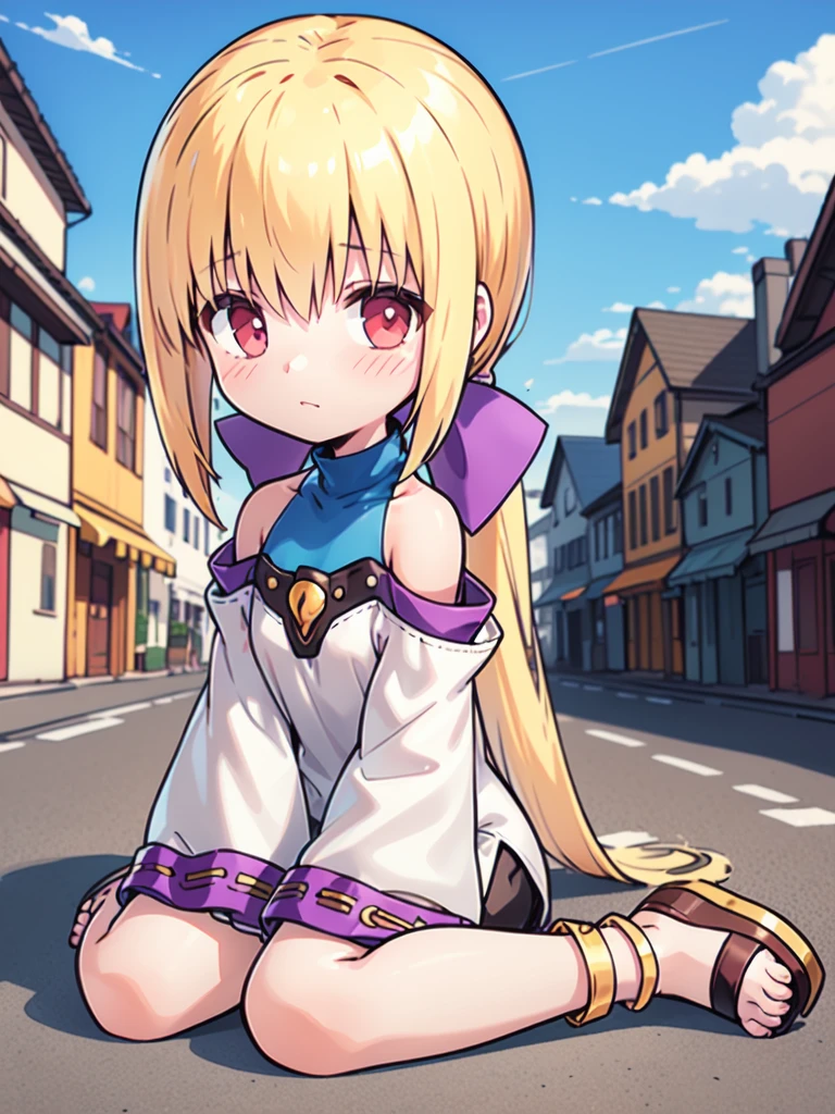 <lora:Linear:0.9>ãLinear, 1girl, solo, full body, sitting, sandals, very long hair, looking at viewer, bare shoulders, ponytail, bow, wariza, detached sleeves, dress, blushãanklet,turtleneck,long sleeves,blonde hair,sandals,jewelry,fighting_stance, 
city, town,
masterpiece, high quality, very_high_resolution, large_filesize, full color,