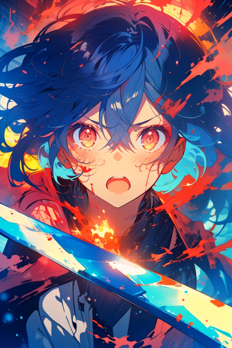 glowing eyes, glow, rage transformation, red eyes, rage, psycho, madness, angry, wide open eyes, blood, bloody face, cozy, detailed eyes, winter sweater,, shiny, shiny hair, shiny skin, shiny clothes