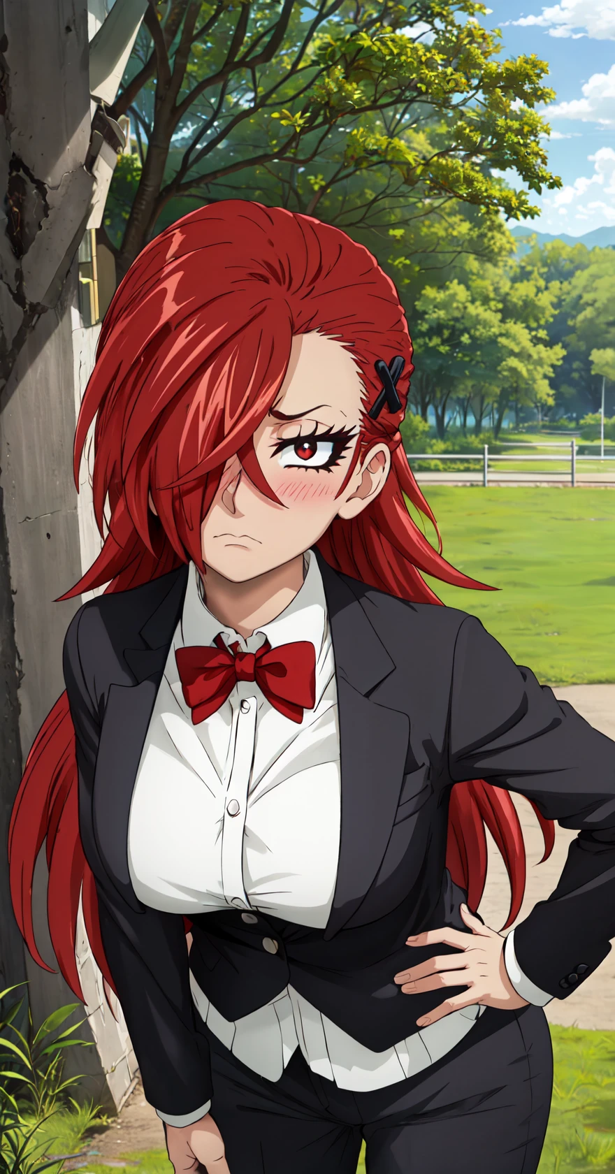 masterpiece, best quality, highres, detailed beautiful face,
1girl, solo, looking at viewer, cowboy shot, leaning forward, head tilt, wavy hair, red eyes, red hair, long hair, frown, hair over one eye, x hair ornament, breasts, large breasts,
dinner jacket, tuxedo, tuxedo jacket, bowtie, hands on hips, 
<lora:LoRA_Yui:1>, blush, field, grass, forest, sunlight, cloudy,