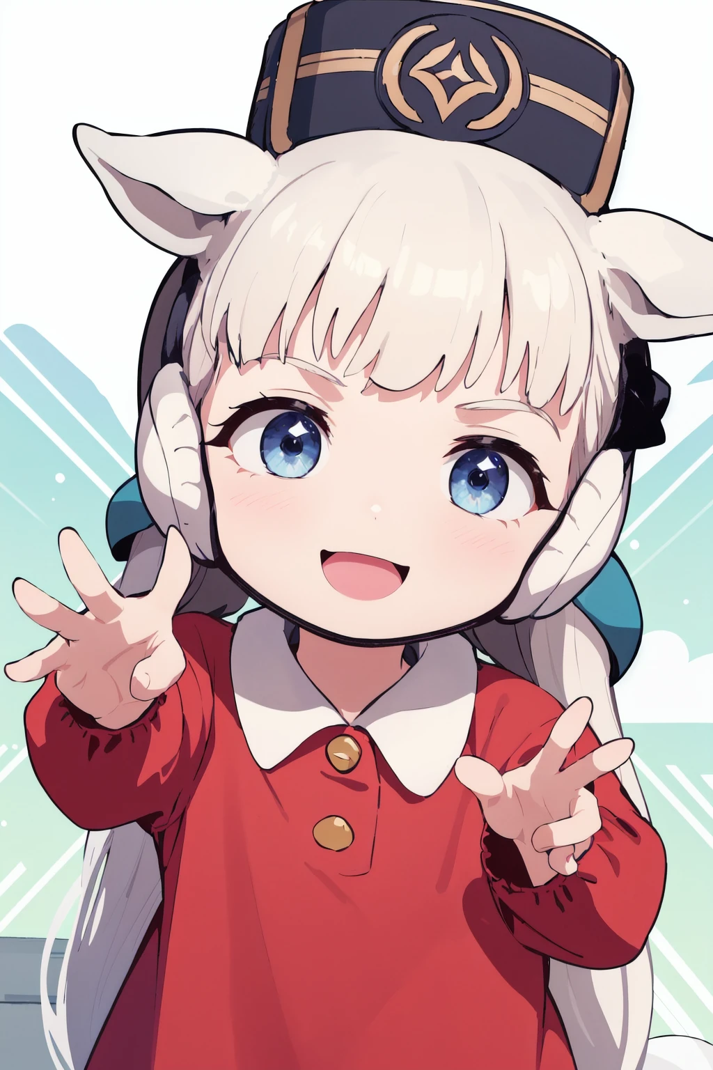 <lora:0 GLCgolushichan:1>,gorushichan,gold ship (umamusume),a very young child,chibi,silver hair,hat,costume,red dress,:d,double_v,looking_at_viewer,reaching_out,