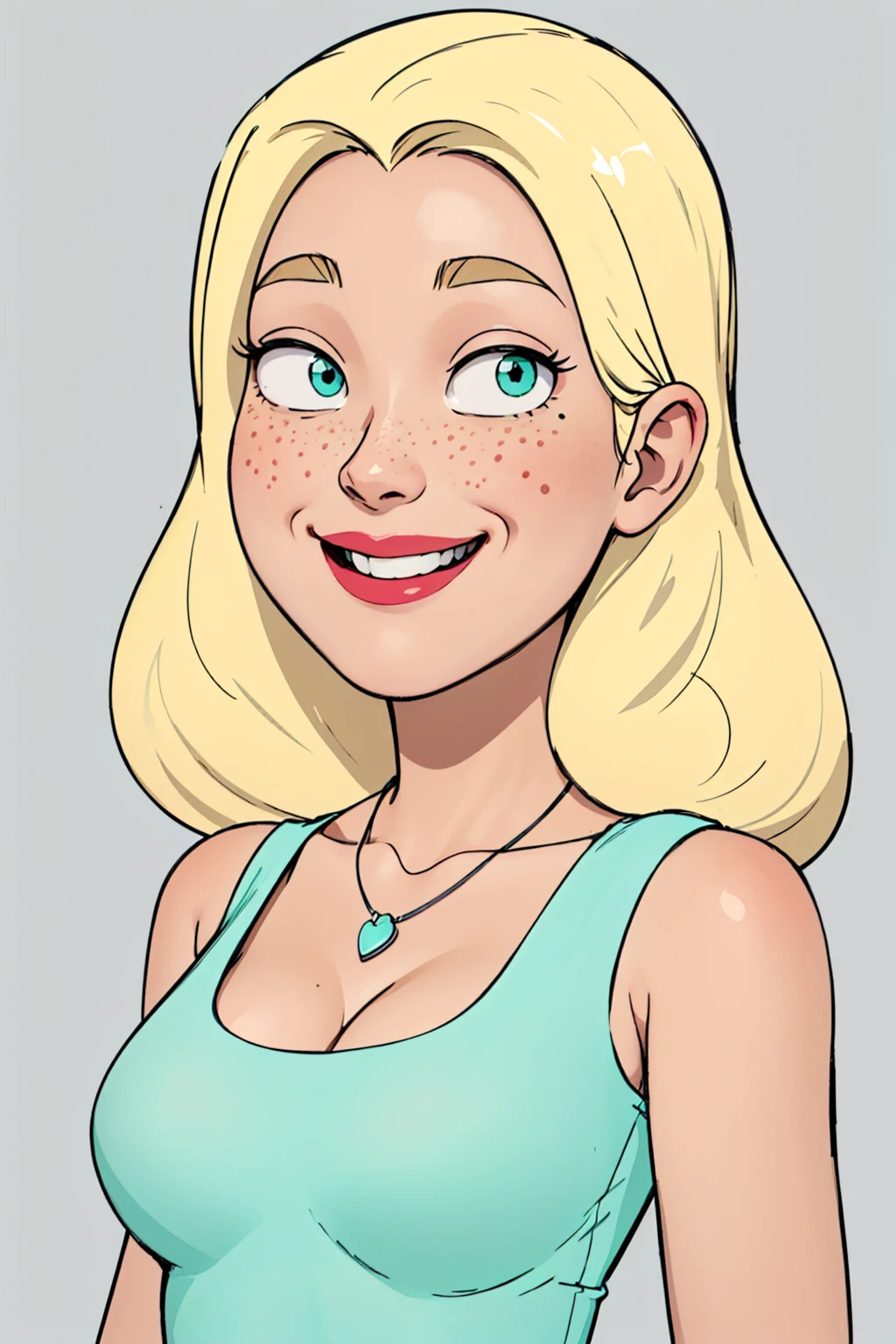 diane, 1girl, blonde hair, solo, freckles, long hair, necklace, cleavage, aqua shirt, smile,sleeveless, upper body, simple background,   <lora:Diane(Rick&Morty)2.0#:0.55>