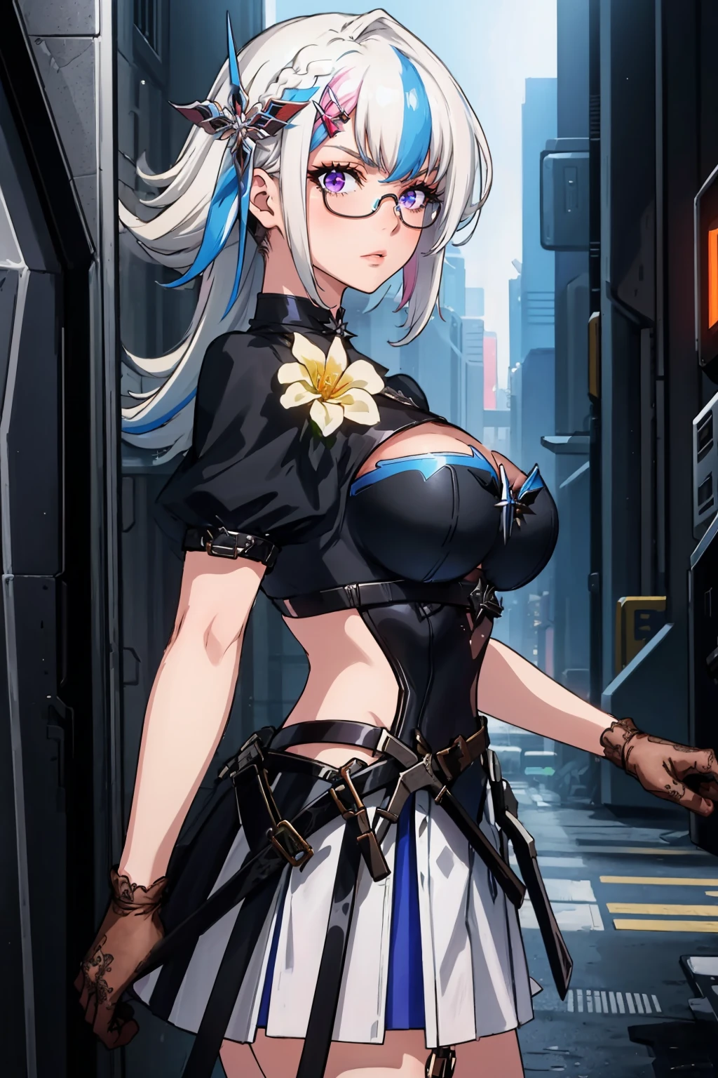 masterpiece, best quality, <lora:plotti-nvwls-v1-000010:0.9> plotti, pink eye, heterochromia, multicolored hair, hair ornament, glasses, black dress, flower, short sleeves, black gloves, white skirt, large breasts, cowboy shot, from side, looking at viewer, serious, cyberpunk, science fiction