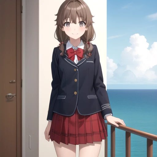 ((masterpiece)),(best quality),official art,extremely detailed CG,unity 8k wallpaper,ultra detailed,A lighthouse on a cliff by the sea,1girl,solo,cowboy shot,brown_hair,collared_shirt,school_uniform,sidelocks,looking_at_viewer,smile,low_twintails,brown_eyes,red_bow,black_jacket,white_shirt,red_skirt,red_bowtie,blazer,plaid_skirt,long_sleeves,pleated_skirt,long_hair,white socks,loafers,<lora:Azusagawa Kaede(sby)>,