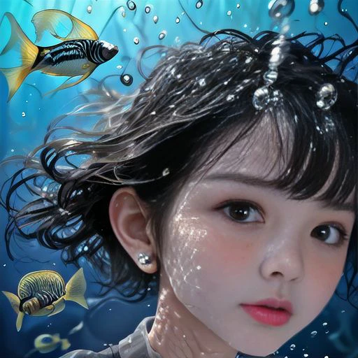 <lora:l4NYs[i:1>,the girl is underwater,the little fish swam around her,side face photo,absurdres,