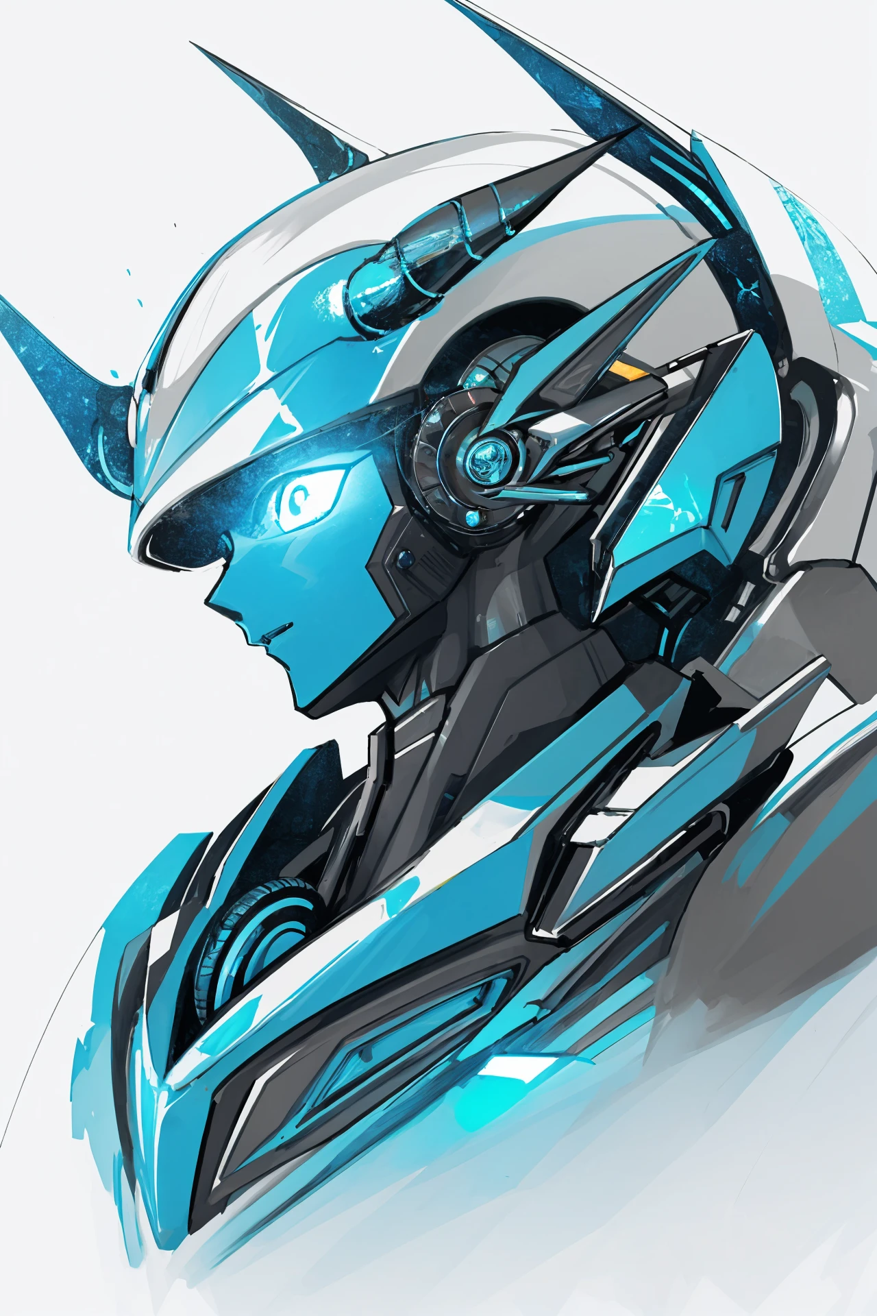 no humans, robot, mecha, white background, solo, science fiction, spot color, glowing, sketch, monochrome, horns 
/////////// <lora:HyatsuEX:1>