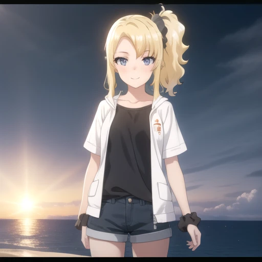 ((masterpiece)),(best quality),official art,extremely detailed CG,unity 8k wallpaper,ultra detailed,A lighthouse on a cliff by the sea,1girl,solo,cowboy shot,blonde_hair,hair_scrunchie,blue_eyes,scrunchie,smile,looking_at_viewer,collarbone,closed_mouth,short_shorts,side_ponytail,short_sleeves,parted_bangs,black_shirt,bangs,hair_ornament,open_clothes,white_jacket,blush,black_scrunchie,braid,long_hair,sidelocks,<lora:Toyohama Nodoka(sby)>,