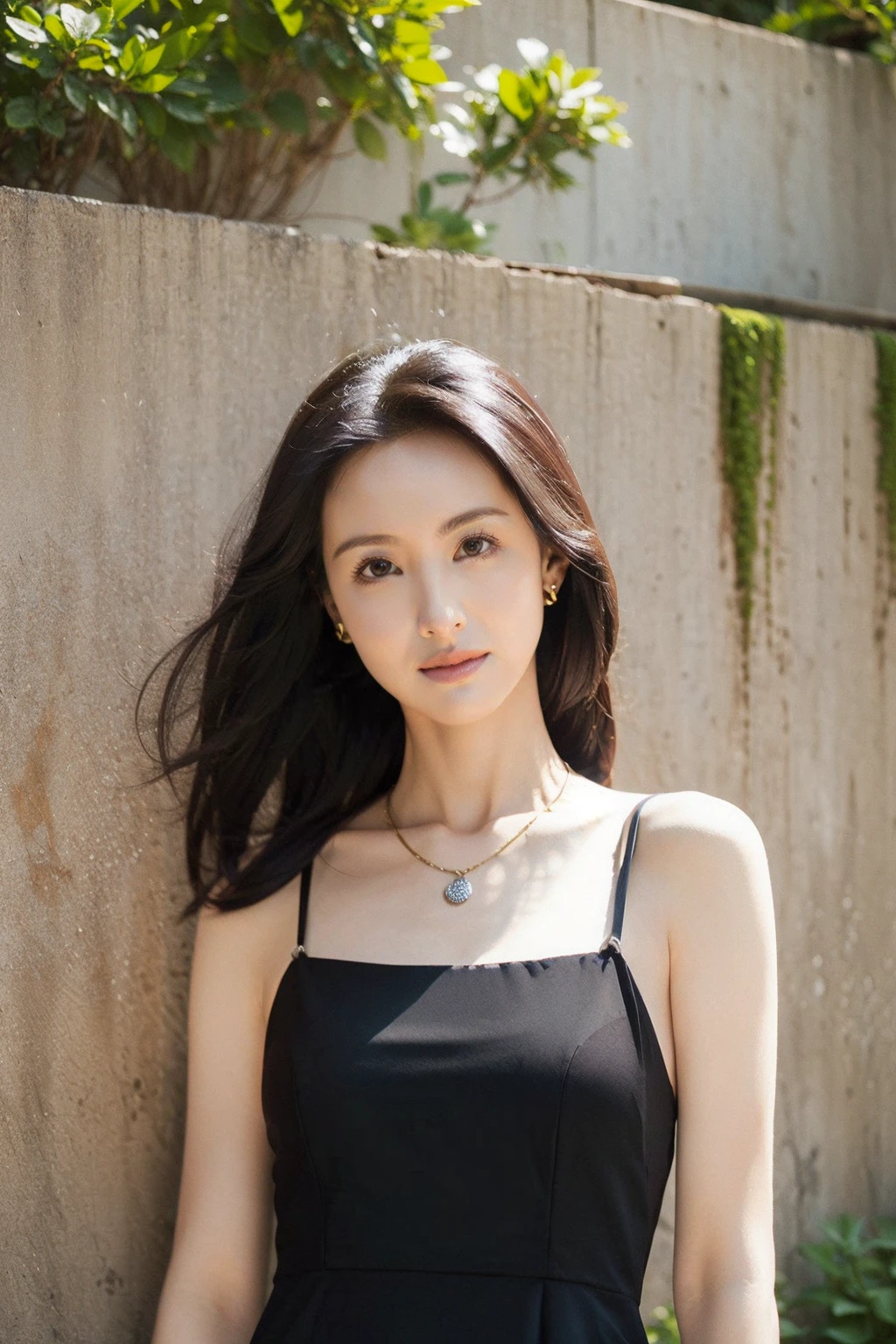 masterpiece,best quality,1girl,upper body,looking at viewer,
standing,
black dress,strap dress,ginza,stone wall, necklace, 
<lora:duling:1>