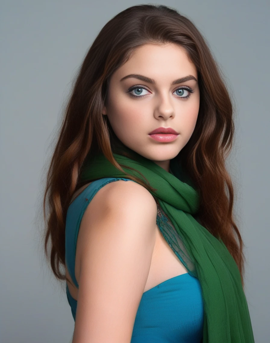 OdeyaRush,<lora:OdeyaRushSDXL:1>The image features a stunningly beautiful young woman with long, curly hair and bright blue eyes. She is wearing a green dress and a scarf, giving her a stylish and elegant appearance. The woman is looking at the camera, capturing her attention and making the viewer feel as if they are looking into her eyes. The overall scene is visually appealing and showcases the woman's beauty and grace.