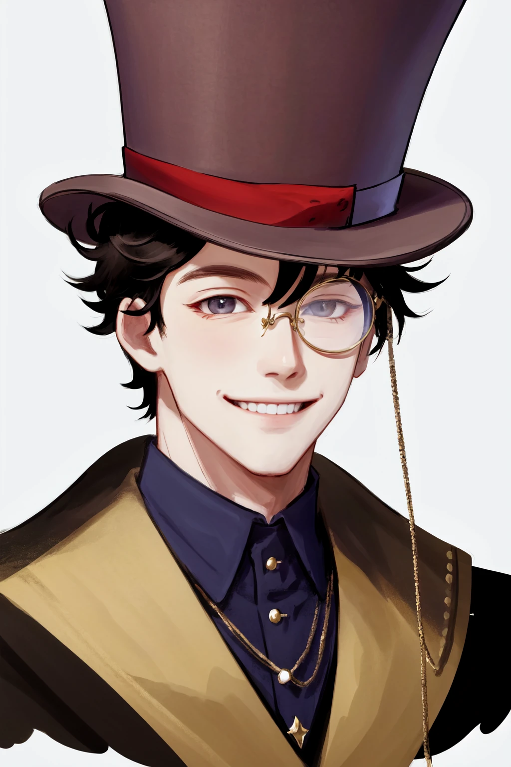 masterpiece, best quality, highres, 1boy monocle <lora:monocle_2:1> top hat, smile, portrait