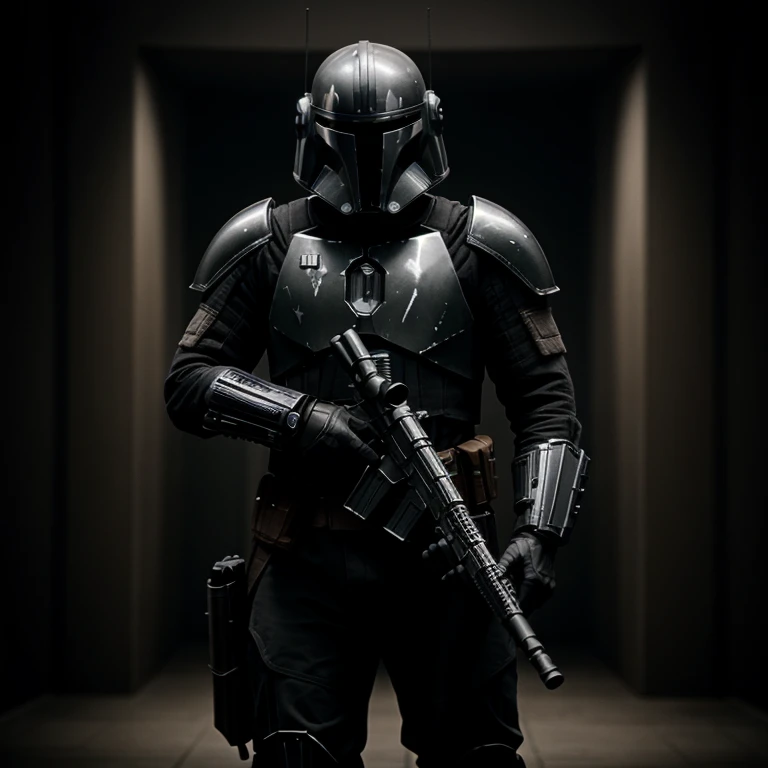 cinematic film still of <lora:Mandalorian Style SD1.5:1.2>
in star wars universe a man in a black grey helmet holding a rifle Mandalorian style, shallow depth of field, vignette, highly detailed, high budget, bokeh, cinemascope, moody, epic, gorgeous, film grain, grainy