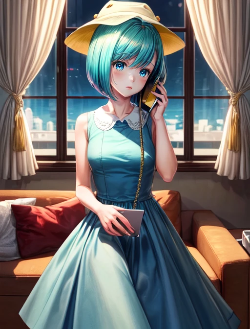 best quality, masterpiece, highres, detailed, digital artwork, <lora:Detail - add_detail:0.2>, MintPop, aqua hair, bob cut, blue dress, white collar, yellow hat,  <lora:Character - MintPop:0.8>, living room, window, curtains, phone, talking on phone,