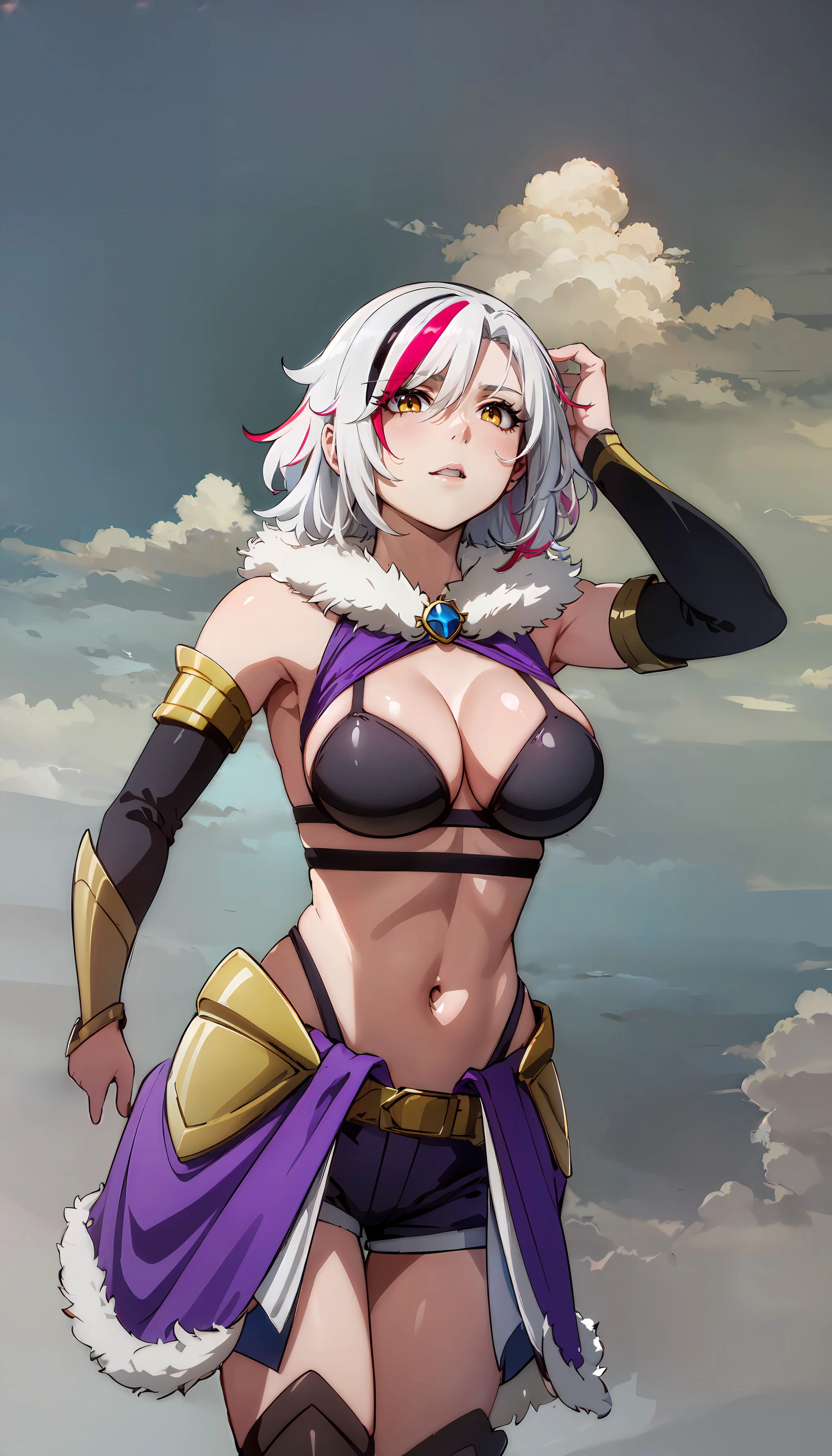 photorealistic, (4k), depth of field, (Masterpiece), (realistic skin texture), extremely detailed, intricate, hyper detailed, high resolution, sharp detail, best quality, woman, white hair, streaked hair, hair covering one eye, metal bra, detached sleeves, bare shoulders, fur trim, (purple waist cape), black shorts, yellow eyes, , sitting with hands around her ankles , <lora:Sofia_Bulga:0.7> , <lora:GoodHands-vanilla:0.8> , <lora:BetterFeet:0.8> , (between clouds:1.3), in the sky, blue sky, falling, (levitation:1.3), in air, flying, (thick clouds:1.5),