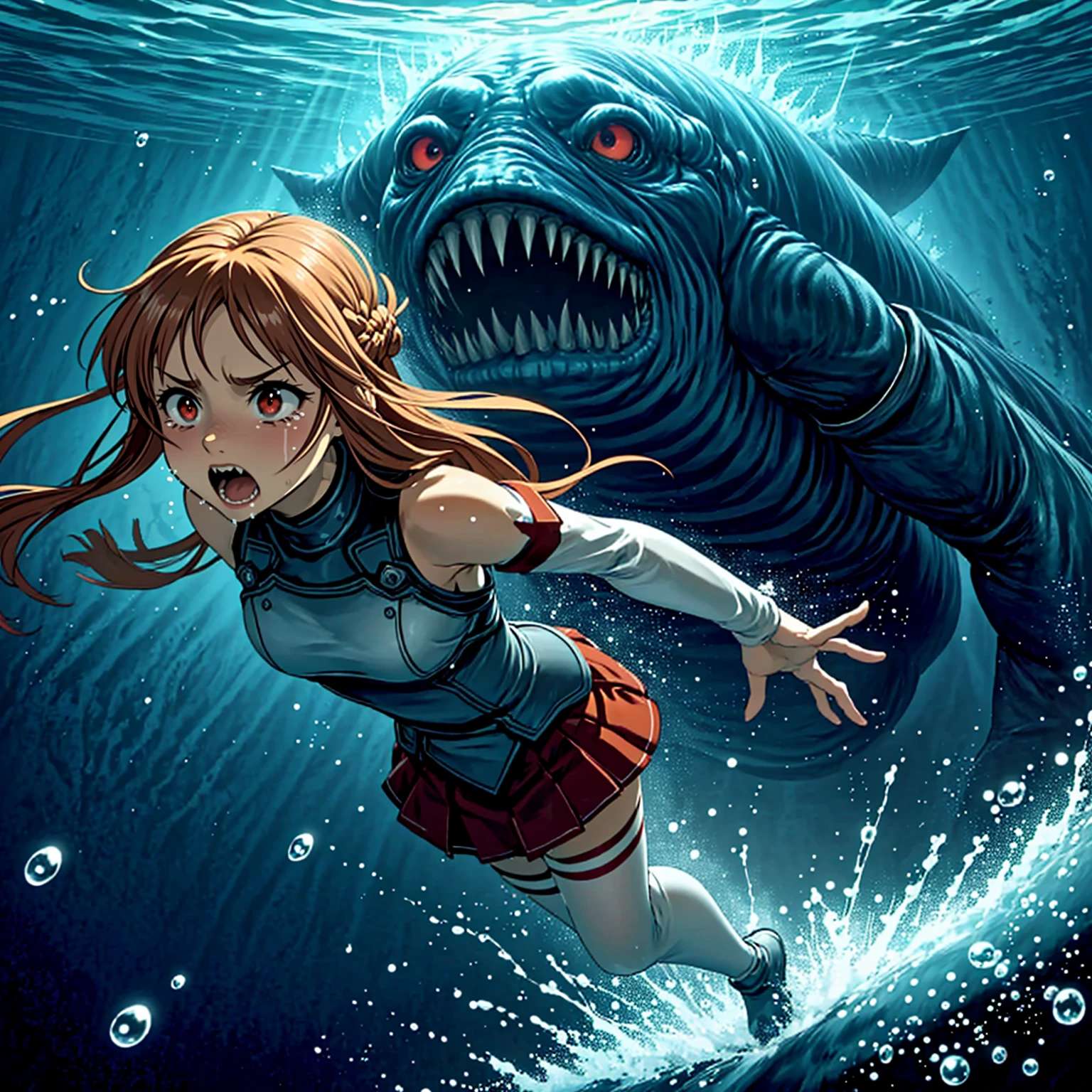 <lora:LCM_LoRA_Weights_SD15:1>,masterpiece,best quality,highly detailed,1girl,solo,scared,panicking,constricted pupils,screaming,raised eyebrows,wide-eyed,crying,tears,
<lora:asuna_(sao)_v1:0.7>,aaasuna,long hair,brown hair,braid,brown eyes,bare shoulders,armor,breastplate,white sleeves,detached sleeves,red skirt,pleated skirt,white thighhighs,
BREAK
<lora:waterDungeon:0.4>,water,dark,blue theme,diving,underwater,air bubble,holding breath,ocean bottom,foreshortening,evil eyes,(((bigFishMonster,freediving,giant leviathan,floating,chasing))),