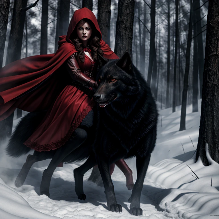 Hyperrealistic art of  <lora:Little Red Riding Hood SD1.5:1.2>
Little Red Riding Hood a woman in a red cape is attacked by a big black wolf, Extremely high-resolution details, photographic, realism pushed to extreme, fine texture, incredibly lifelike