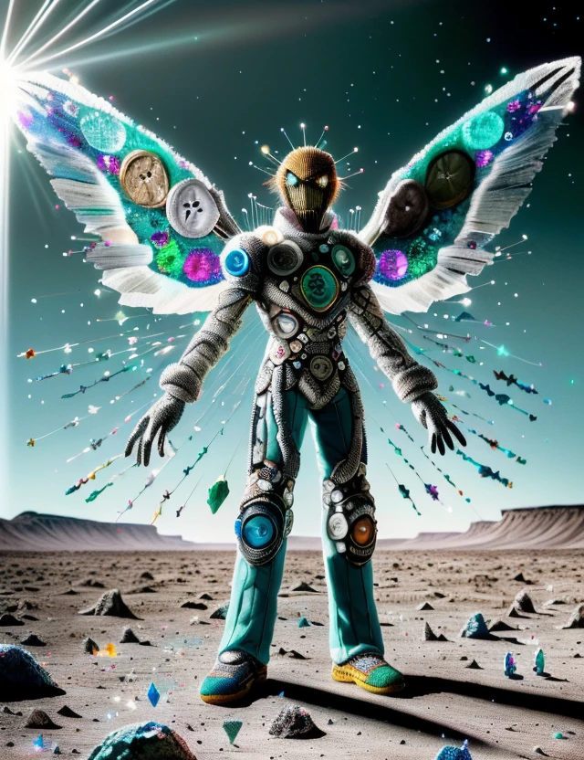 hyper detailed masterpiece, dynamic, awesome quality,DonMN33dl3P1ll0w male quantum biologist, dimension-hopper- clad in shimmering, multidimensional attire that shifts hues and patterns, young adult balanced, indigenous peoples of the america, blue eyes, sunken cheeks, low forehead, oval face shape, petite goatee with soul patch , ginger messy hair hair, nervousness, exuding an air of grace and respect while engaging with extraterrestrial beings., crystal wings- translucent wings with intricate crystal patterns that refract light, creating dazzling displays. wearing glazed plasma-lace silk electromagnetic track pants, plasma-infused polo, reactive socks, holographic snapback cap, ,, striking a pose while powering on or activating an android body., hovering lights, post apocalyptic wasteland, vast deserts and barren wastelands as far as the eye can see <lora:DonMN33dl3P1ll0w-000008:1>