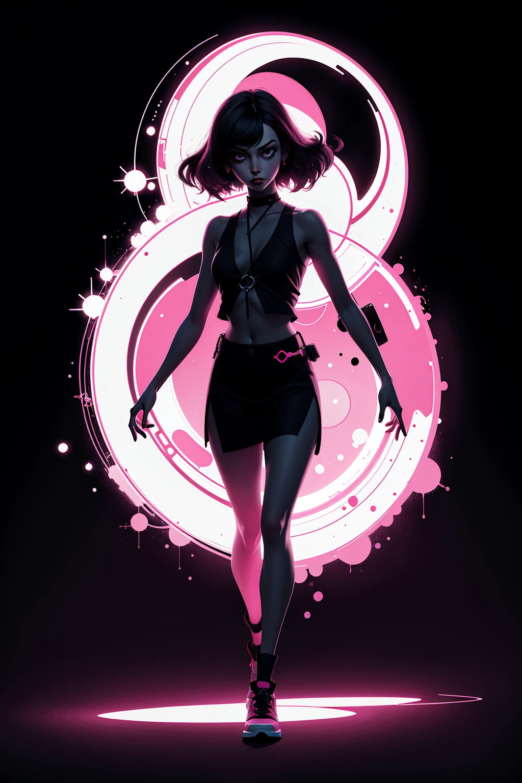 (silhouette:1.25),1girl,dark background,blacklight,mid shot,full body,somber expression,looking down,dark energy,vibrant magenta,portal to another world,flat color,flat shading,ultra realistic,highres,superb,8k wallpaper,extremely detailed,intricate,limited palette,pink,