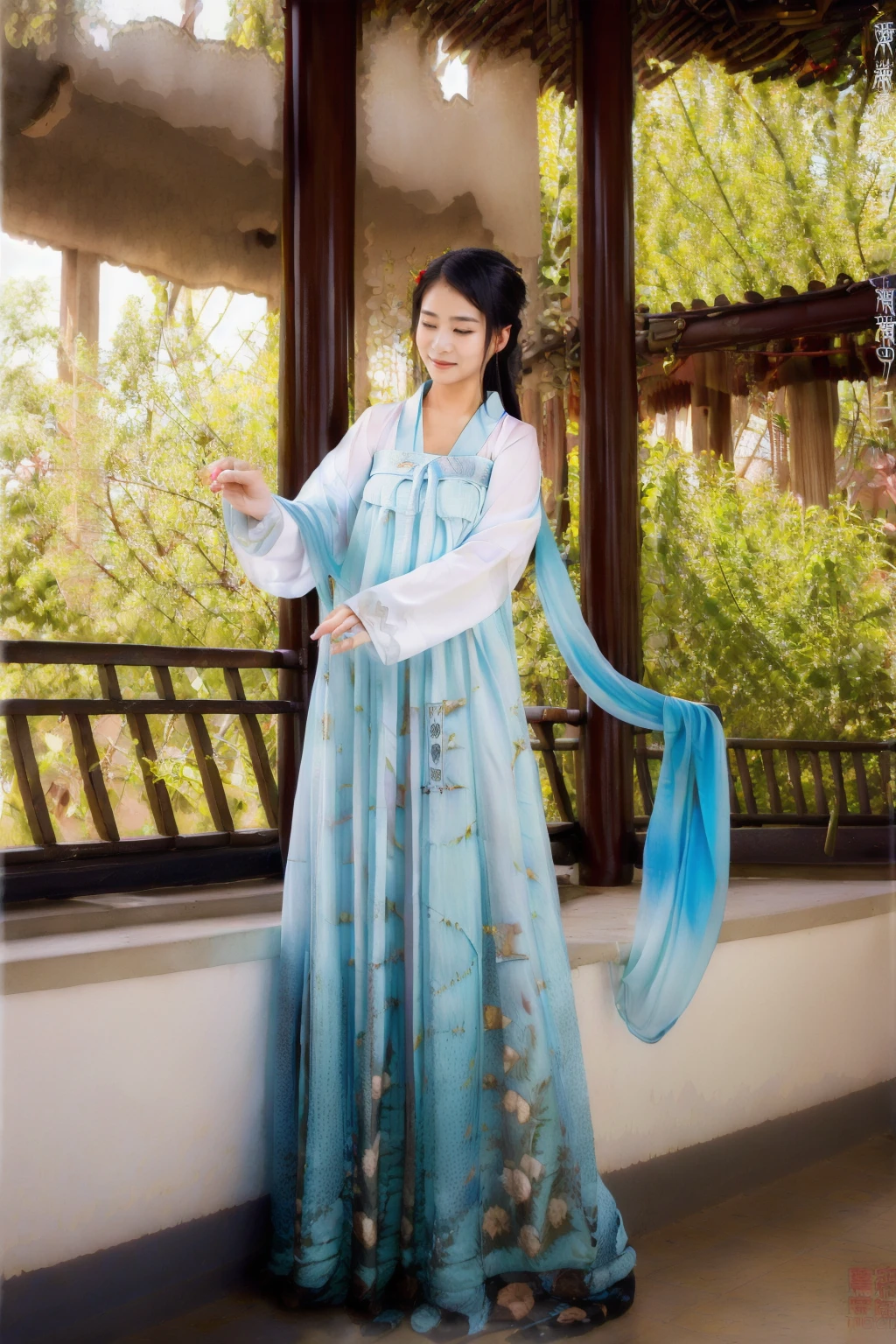 (1 girl:1.3), (best quality, masterpiece, ultra high resolution),(photorealistic:1.3), (realistic:1.3), depth of field, (day:1.2), (cinematic lighting:1.2),  hanfu, chinese dress,  <lora:HanfuLightBlueQixiong:0.8>