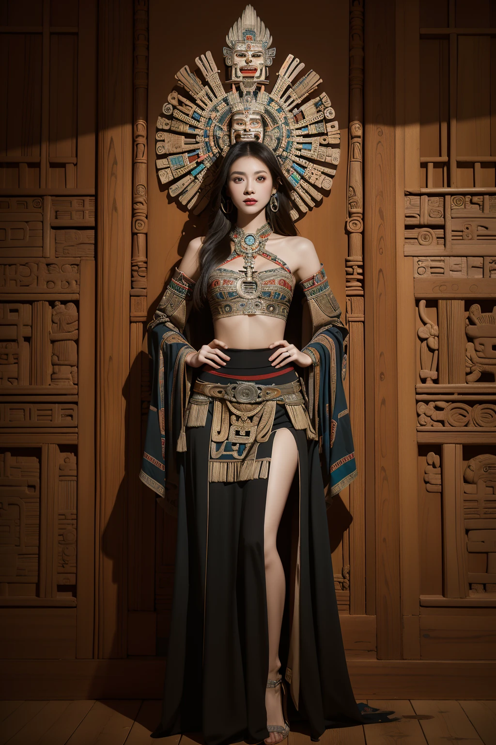 sd_mai, Aztec civilizationï¼
(masterpiece),(best quality),ultra hi res,reaslistic, high fashion photo shoot
Wall background
 <lora:é¿å¹ç¹åAztaka:0.6>