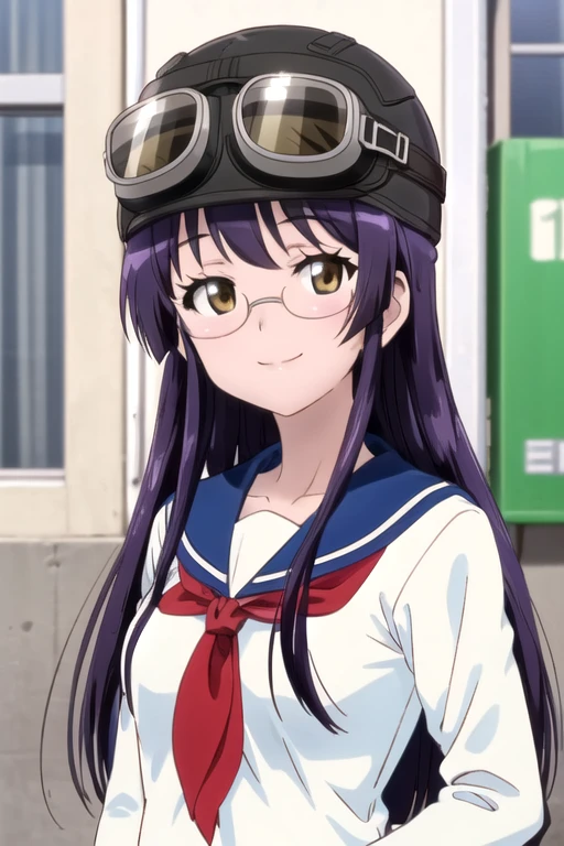 (((pixel-perfect, detail-perfect))), solo, 1girl, <lora:hiriji-bakuon-01:0.8>, hiriji minowa, helmet, goggles on headwear, serafuku, looking at viewer, smile, upper body