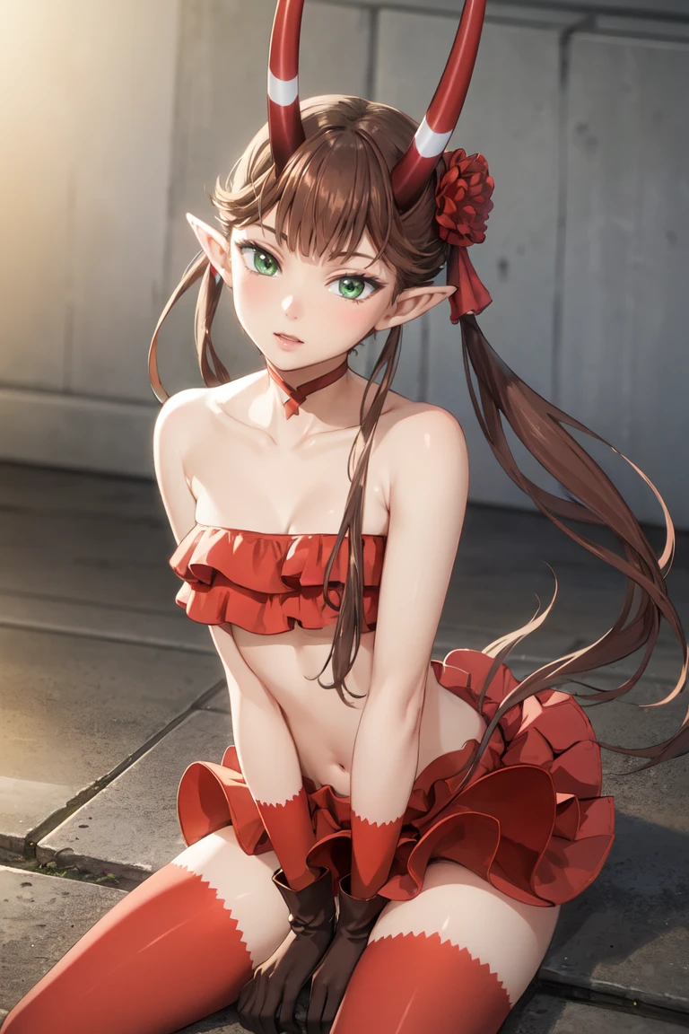 masterpiece, best quality, ultra-detailed, glistening shiny, glowing light, ray tracing, HDR, deph of field, (perfect face, detailed face),  <lora:Msyu:0.8>, msyu, long hair, twintails, pointy ears, horns, hair flower, tube top, strapless, red gloves, red thighhighs, red skirt, sitting