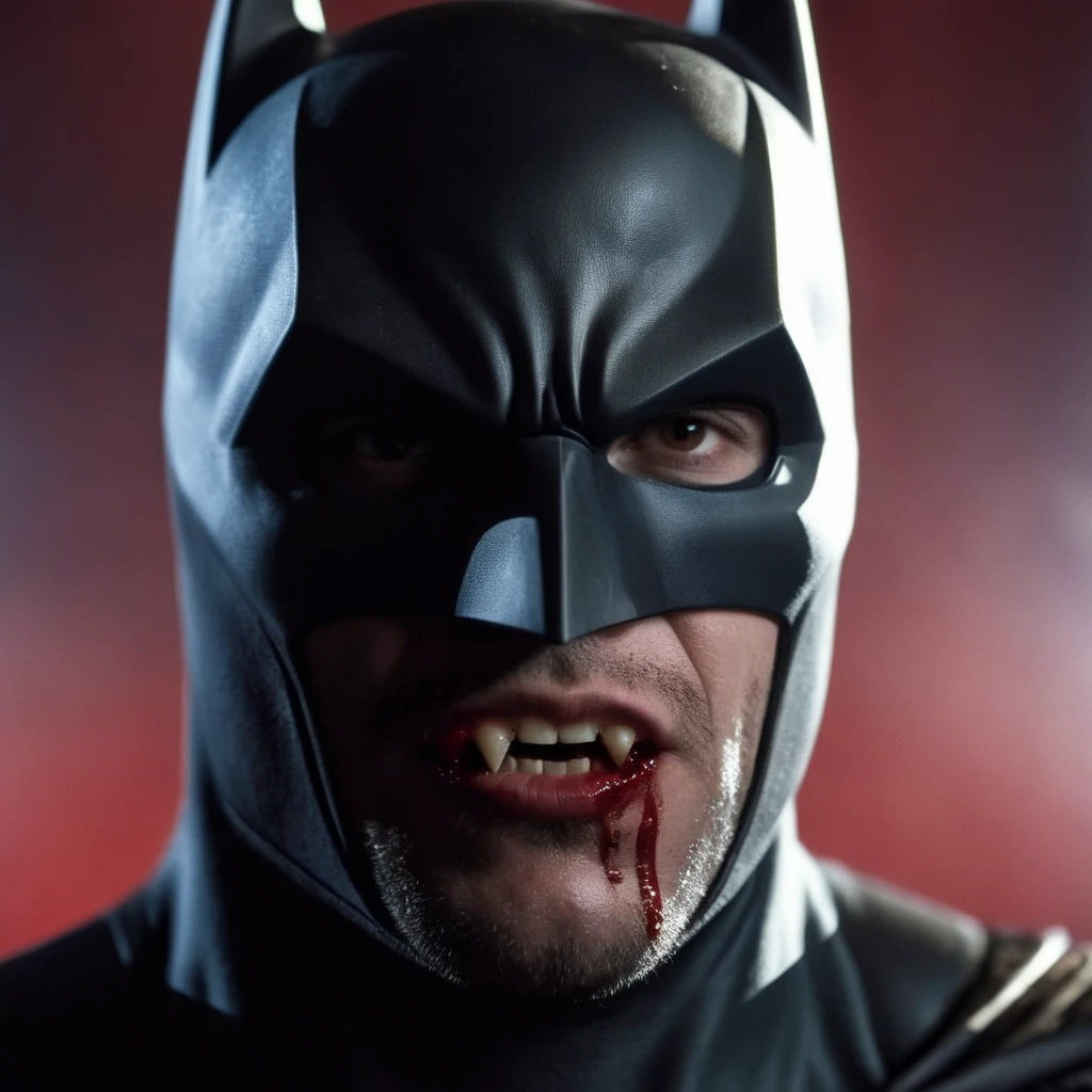 cinematic film still of  <lora:vampire fangs teeth 2:1.2>
A batman masked with blood on mouth and Vampire Fangs Teeth staring at camera, shallow depth of field, vignette, highly detailed, high budget, bokeh, cinemascope, moody, epic, gorgeous, film grain, grainy