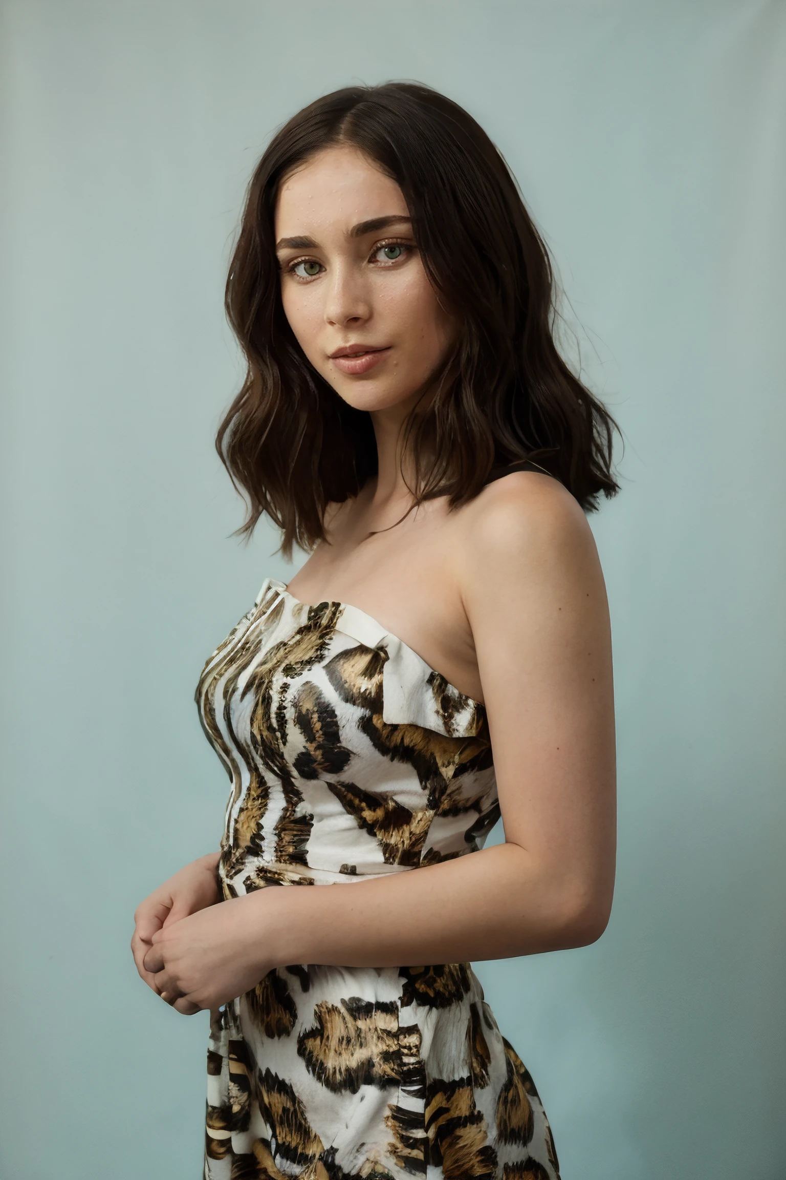 priscilla quintana, wearing strapless animal print dress, shoulder length hair, green eyes,
strapless light blue dress,
upper body portrait, white backdrop,
<lora:PriscillaQuintana_(V1.2):0.8>