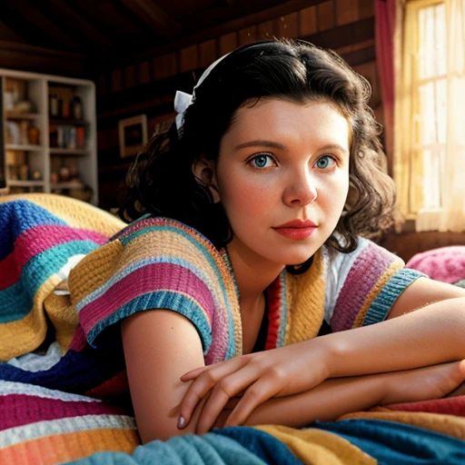 Hyperrealistic art of <lora:Julia Larot:1.5>
Julia Larot a woman laying on a retro classic multi color bed with a multi color blanket in a wooden house looking at something vintage Glamour Photography, Extremely high-resolution details, photographic, realism pushed to extreme, fine texture, incredibly lifelike