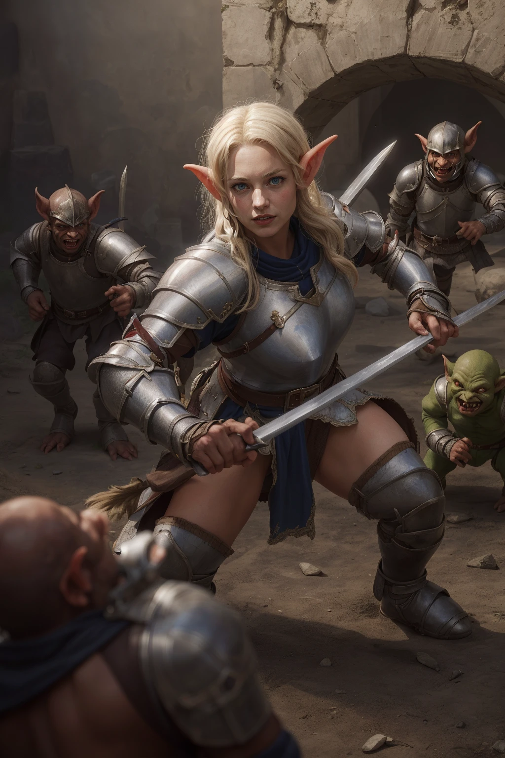 official art, ((female elf knight ))with sword and (((goblins))) , ((fighting)), dungeon,( realistic)<lora:L_RM-RF1:1> <lora:L_RM-RF2:1>