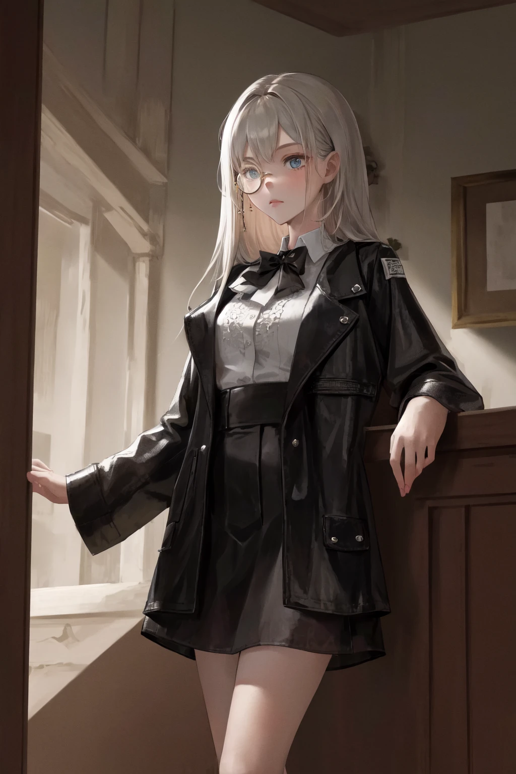 masterpiece, best quality, highres, 1girl monocle <lora:monocle_2:1> black jacket white shirt