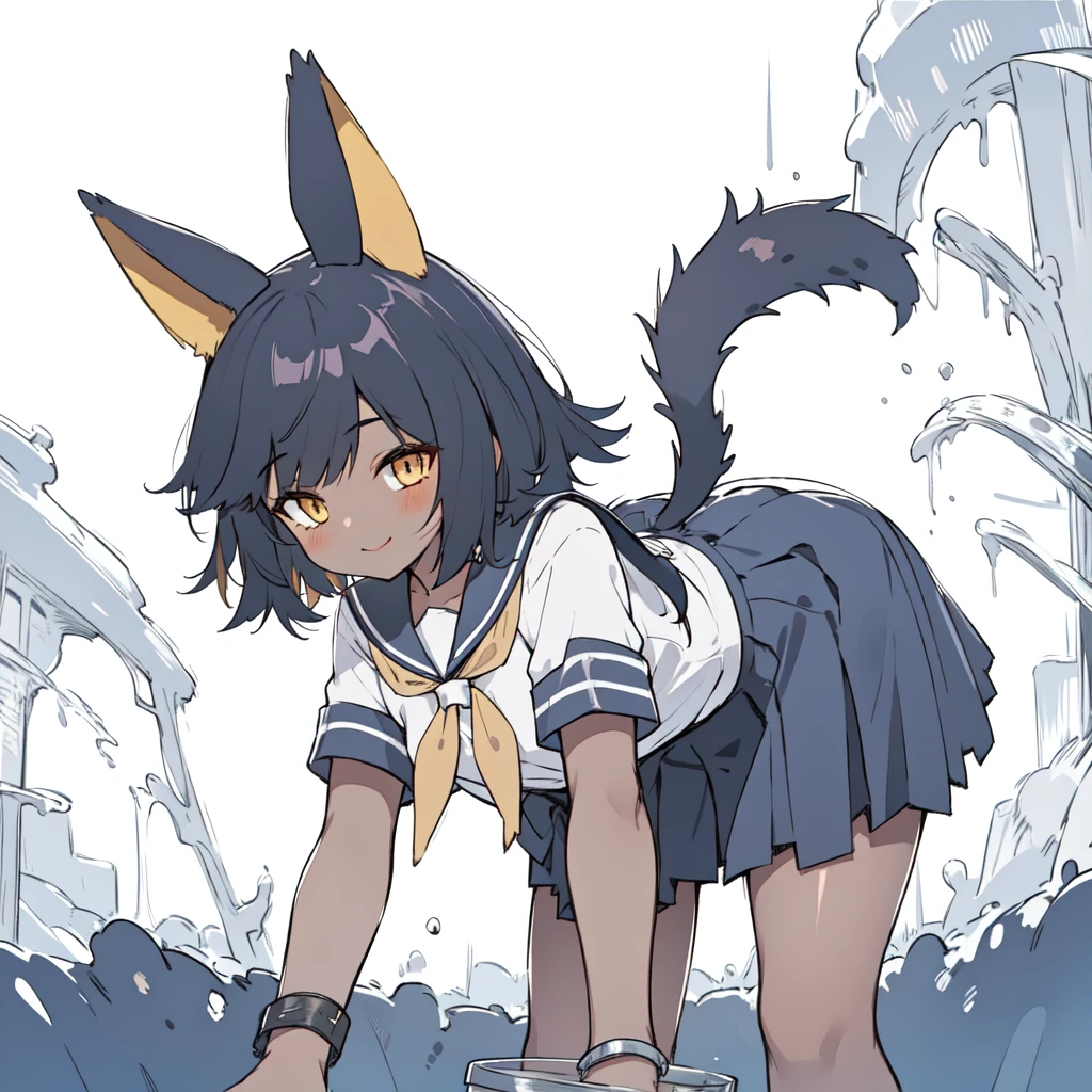 masterpiece, best quality, 1girl,school uniform,leaning forward,dark skin, water,light smile,animal ears,