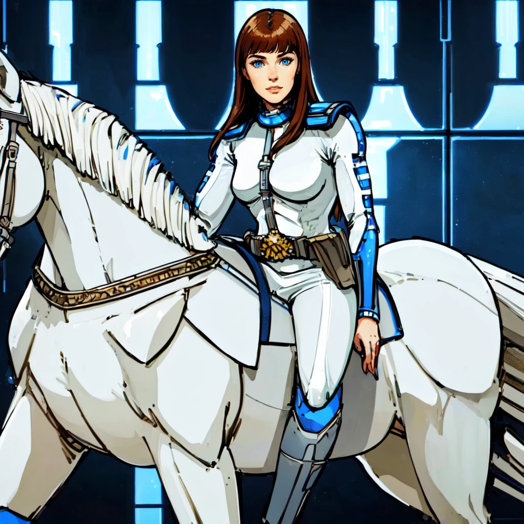 ((a woman sitting on a white mechanical horse, full body)) <lora:NicoGalaxyRangerLoRA:1> nico, with brown hair, white and blue outfit, beautiful eyes, beautiful girl, high detail skin, high detail eyes, high detail hair, highres, ultra detailed, detailed pores, imperfect skin, detailed reflective shiny skin, diffused skin pores,sharpen picture, Highly detailed, masterpiece, best quality, photorealistic,