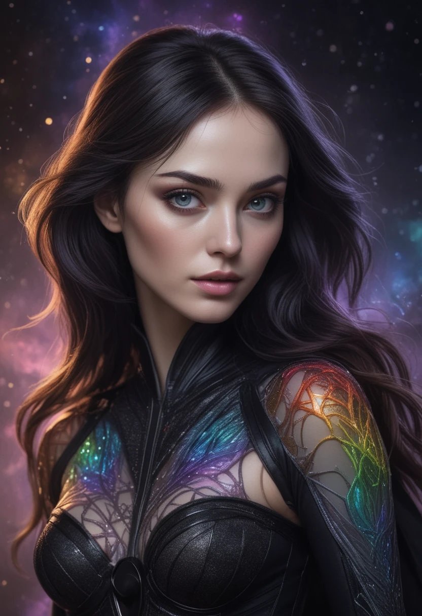 "Interstellar Rainbow Muse: Photorealistic Cosmic Portrait" - Envision a photorealistic, ultra-high resolution masterpiece of a woman, her image a blend of surreal cosmic elements and ethereal beauty. The background is a mesmerizing cosmic space, filled with glowing stars and nebulae, creating an ethereal atmosphere. The woman is veiled in a delicate, translucent fabric, her skin adorned with intricate rainbow veins that intertwine elegantly out of the darkness. Her expression is serene yet haunting, her eyes glowing like distant stars, capturing the essence of a cosmical concept. This award-winning illustration features psychedelic art influences, with a visual representation of yin and yang and the infinity symbol, adding layers of symbolism and depth. Her figure, slender and athletic, is framed in dramatic, magical lighting, showcasing the finesse of portrait photography with an 85mm lens. The intimate composition reveals soft natural lighting and a fine balance of shadow and light, accentuating her beautiful light gray eyes and smooth, detailed face. Her hair, black with blunt bangs, adds a striking contrast to the vibrant cosmic and rainbow themes. The intricate details of her clothing and the surreal environment around her are captured with exquisite clarity, making this portrait a stunning representation of modern artistic expression, blending elements of gothic culture and interstellar fantasy.






