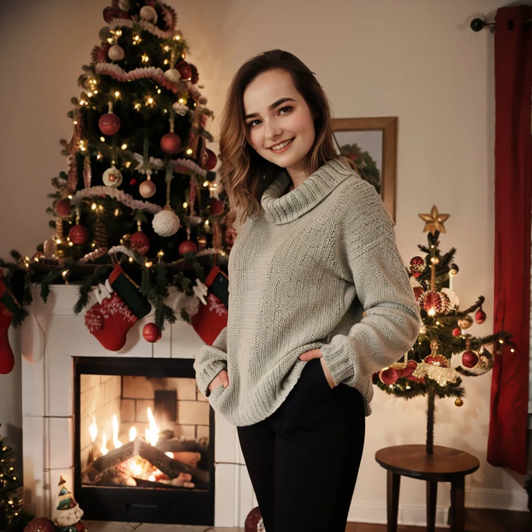 <lora:omgcosplay_sd15_768_512_256_v1-000003:1>omgcosplay,1girl looking at viewer, smiling, standing wearing a christmas sweater, wearing black cozy wool pants, christmas decoration in background, christmas tree, cozy fireplace, warm lighting