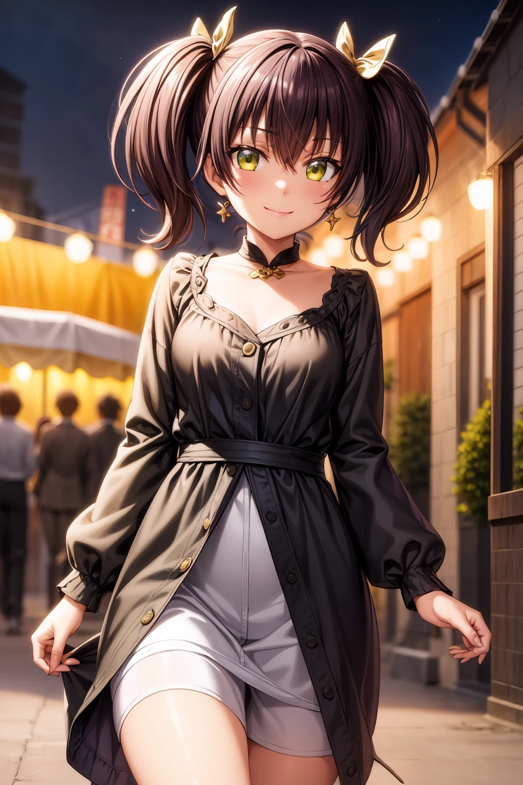 looking at viewer, smile, best quality, 1girl, solo, looking at viewer, bangs, black hair,  casual dress, hair between eyes, twintails, yellow eyes, hair bow, outdoor background, kochou_wang, (RAW photo, best quality), masterpiece, an extremely delicate and beautiful, extremely detailed, 2k wallpaper, Amazing, finely detail, extremely detailed CG unity 8k wallpaper, ultra-detailed, highres, soft light, beautiful detailed girl, extremely detailed eyes and face, beautiful detailed nose, beautiful detailed eyes, cinematic lighting, perfect anatomy, beautiful body, light smile